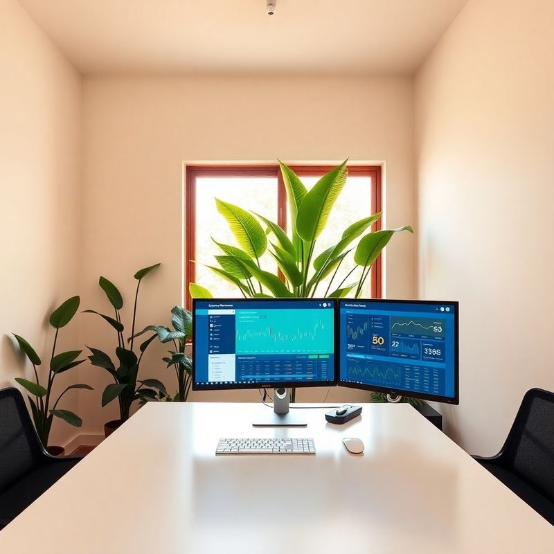 Jinja office interior with dual monitors showing the trading bot dashboard, framed by tropical plants