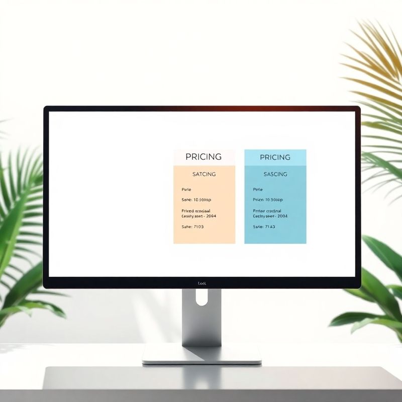 Three tiered pricing cards rendered in inkblue and warm white on a modern monitor
